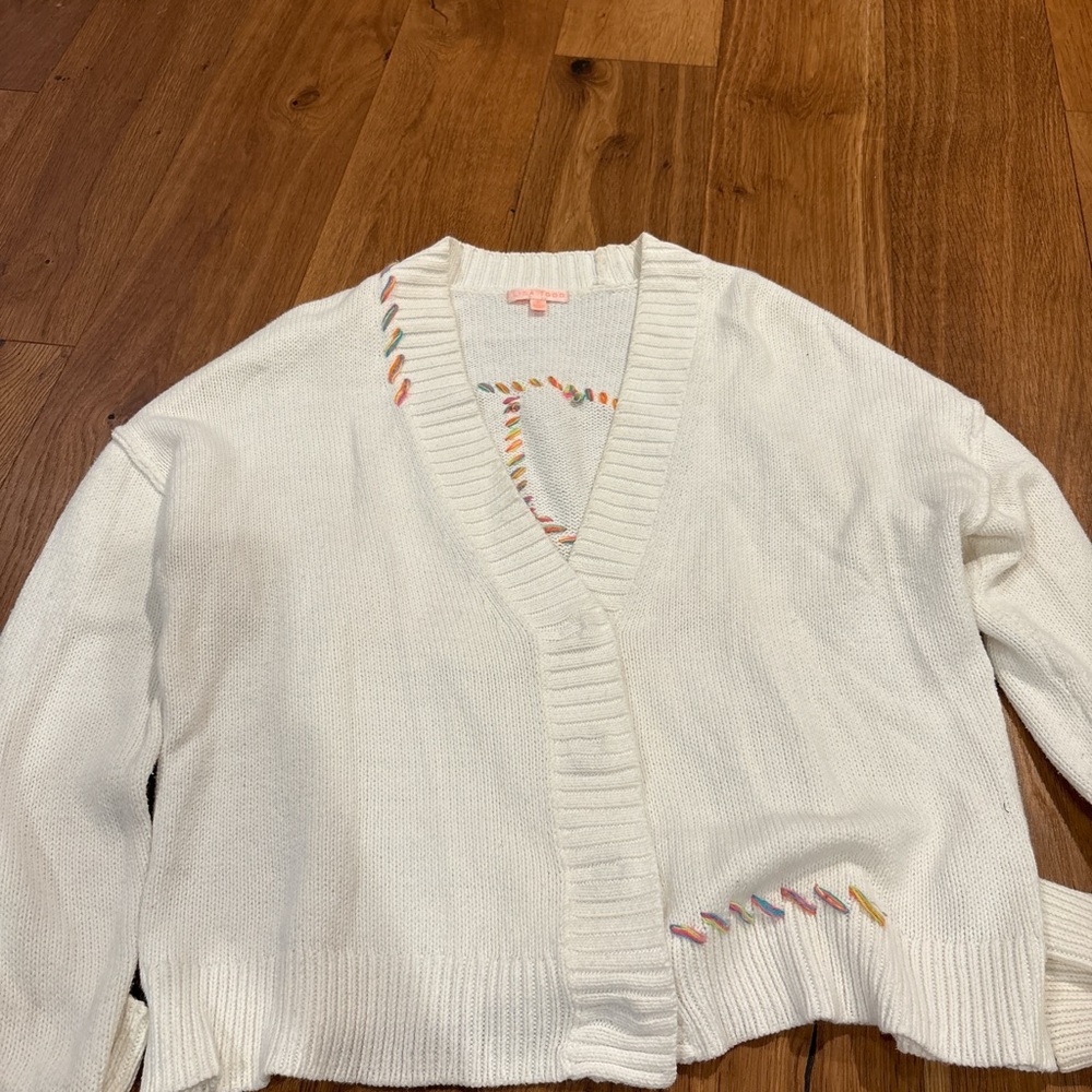 Lisa Todd White Cardigan with Colorful Stitching